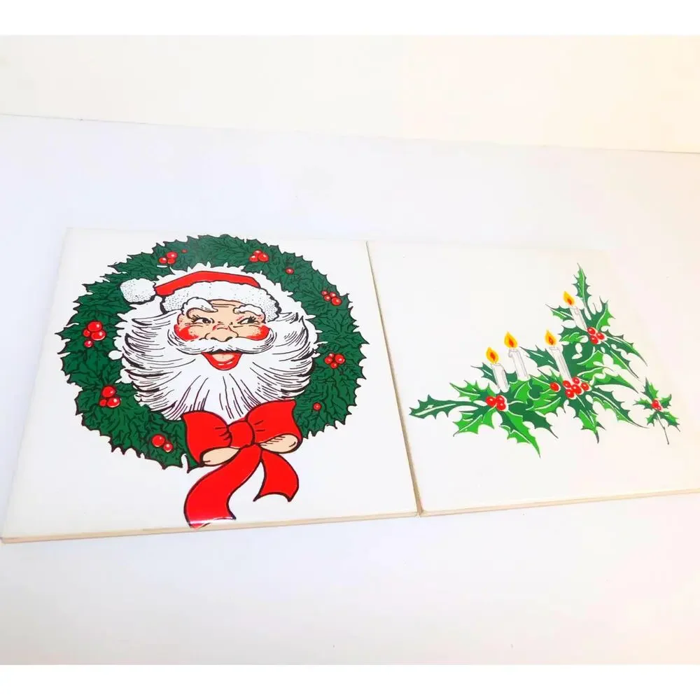 Vintage Jasco Christmas Holiday Ceramic Tile Trivets Santa Candle Set of 2